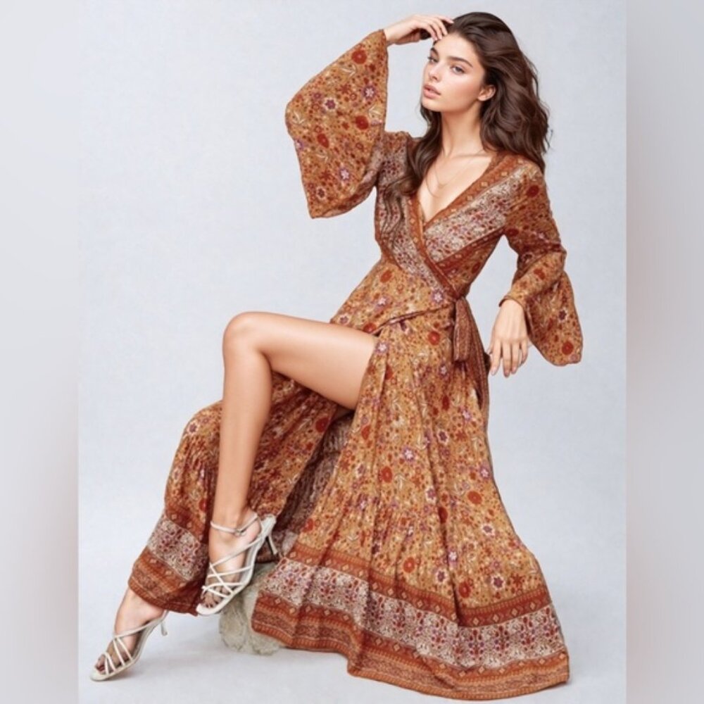 Boho Floral Print Bell Sleeve Tie Front Wrap Dress